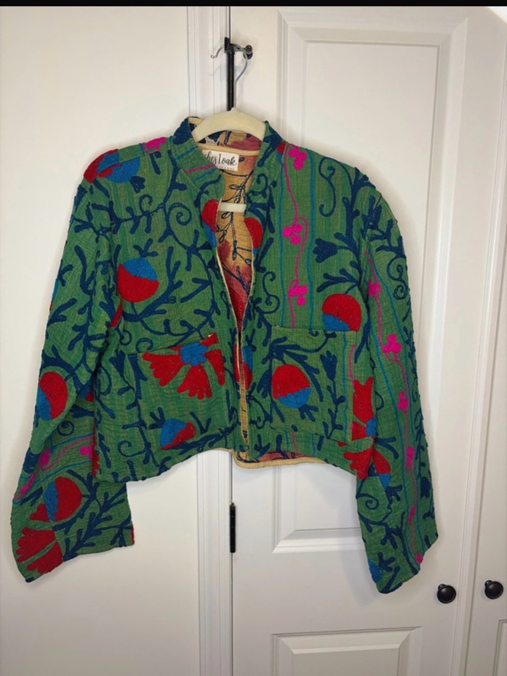 Shes1Oak Cotton Cropped Suzani Jacket Boho Green Jacket